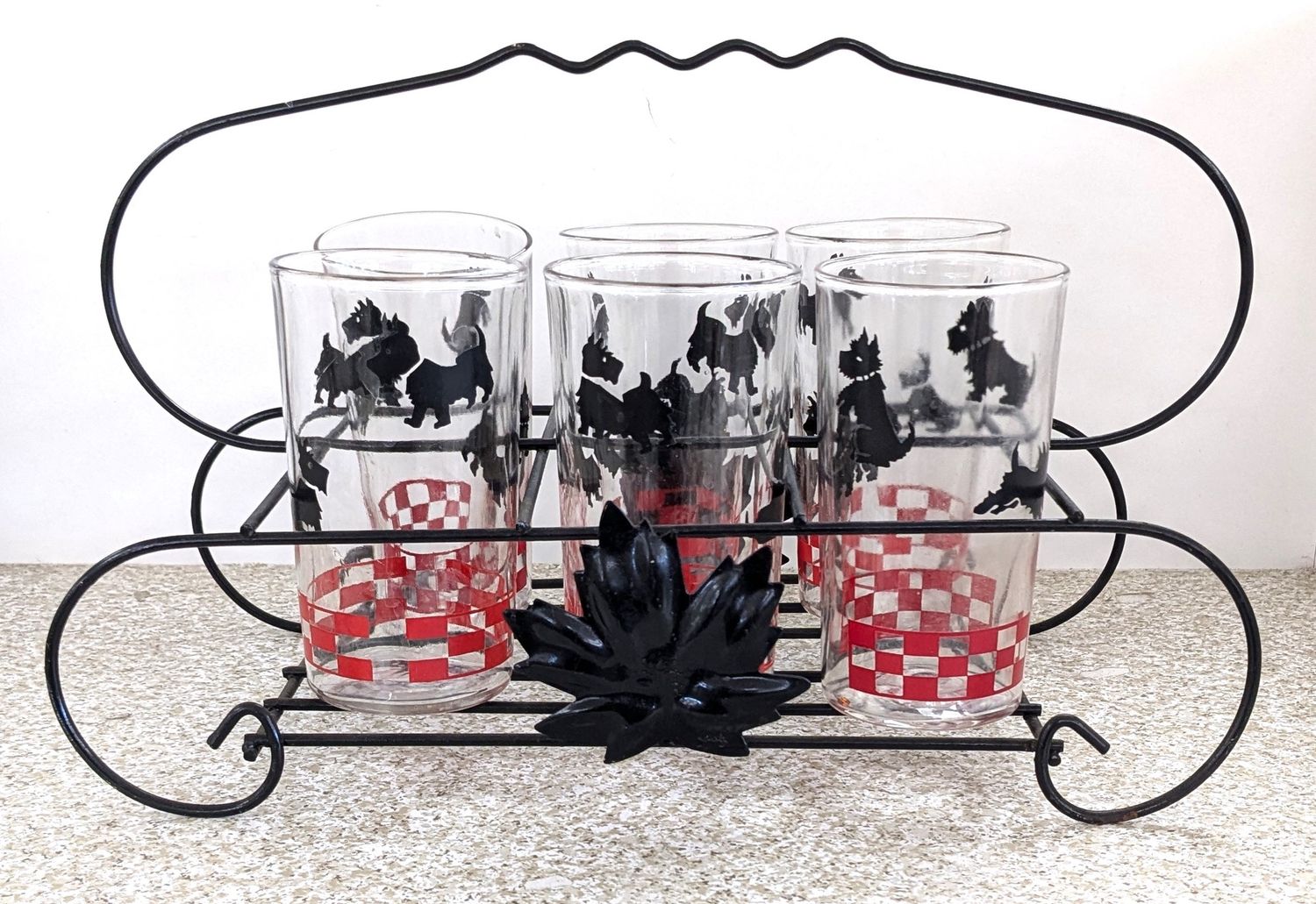Vintage Scottie Dog Juice Glass Set of 6 and Rack