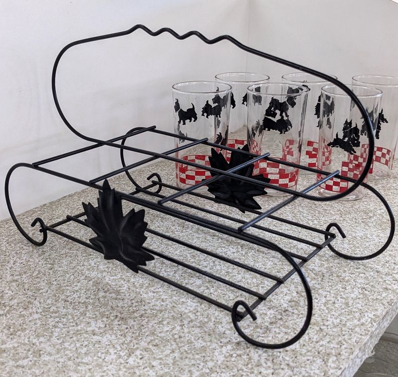 Vintage Scottie Dog Juice Glass Set of 6 and Rack