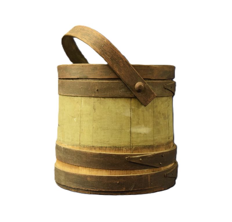 Antique, Wooden Firkin Sugar Bucket with Swing Handle and Lid 10” high without the handle, 10” diameter at the base.