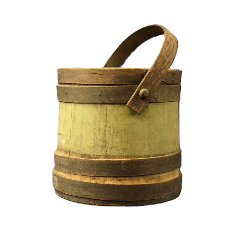 Antique, Wooden Firkin Sugar Bucket with Swing Handle and Lid 10” high without the handle, 10” diameter at the base.