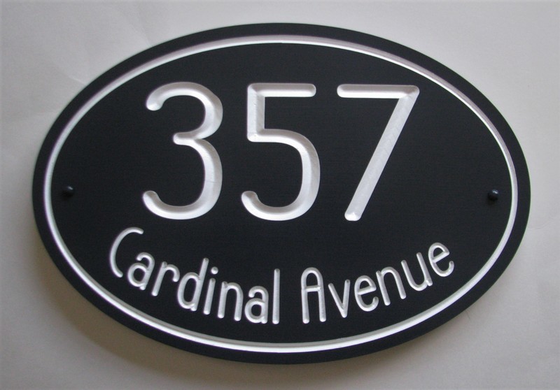 Custom Oval Address Sign - House Number Sign Painted With White Carving Art Deco Inspired font - Weather Resistant solid 3/4 inch thick PVC.