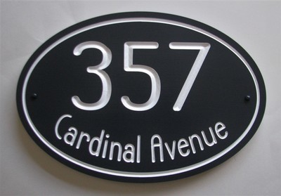 Oval Address Sign - House Number Sign Painted With White Carving Art Deco Inspired font - Weather Resistant solid 3/4 inch thick PVC.
