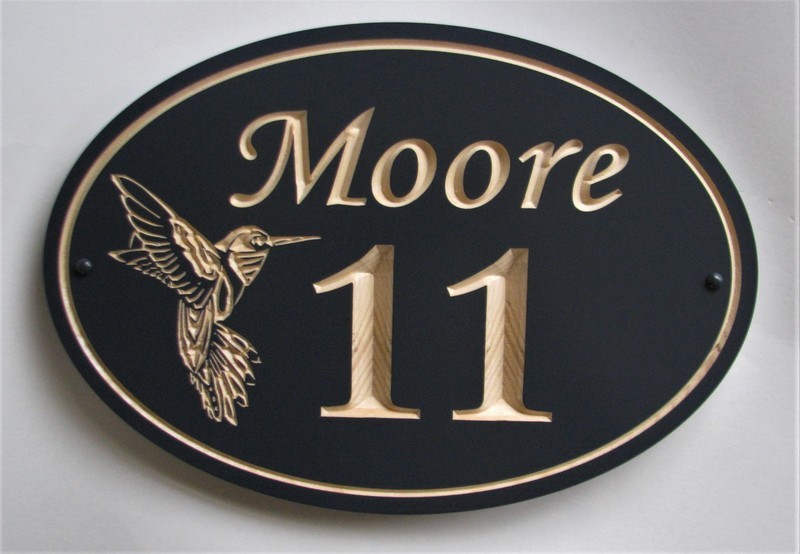 Exterior Oval Wood House Number Family Name Sign with Carved Hummingbird