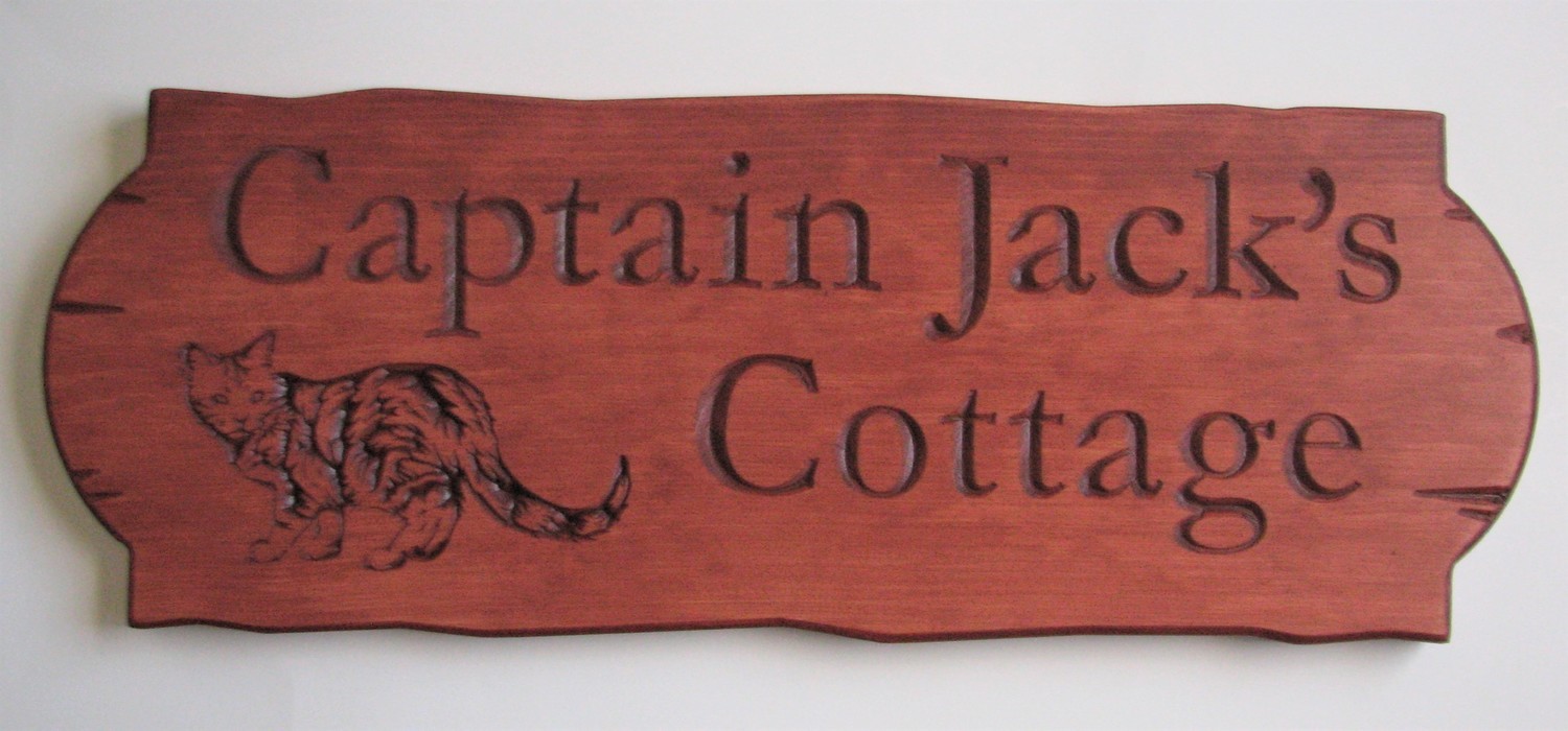 Personalized Rustic Stained Outdoor Wood Sign with Carved Cat