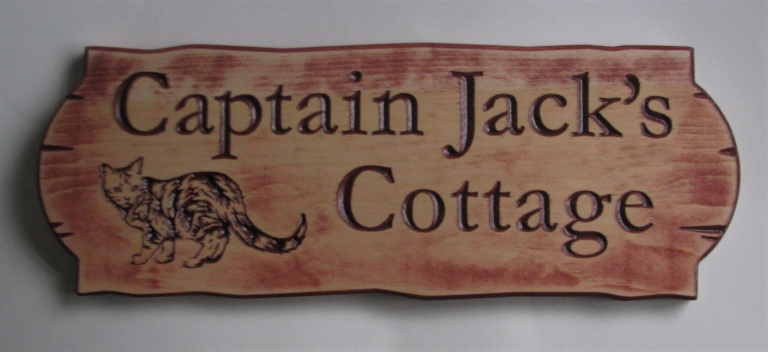 Personalized Rustic Stained Distressed Look Outdoor Wood Sign with Carved Cat