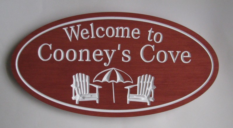 Custom Oval Wood Cottage Sign Camp Sign with Carved Chairs and Umbrella