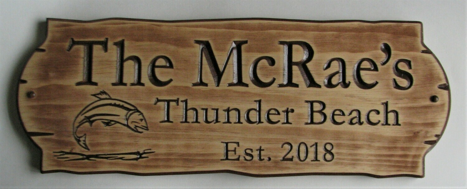 Personalized Rustic Stained Distressed Look Outdoor Wood Sign with Carved Fish