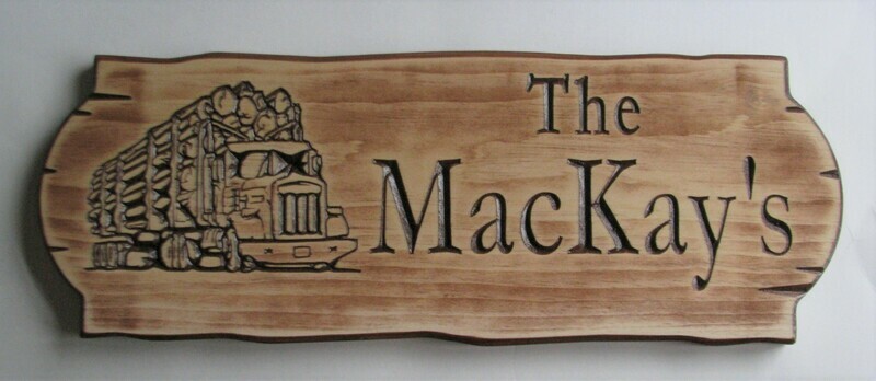 Personalized Rustic Stained Distressed Look Outdoor Wood Sign with Carved Logging Truck