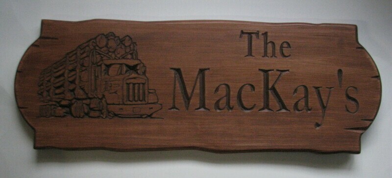 Personalized Rustic Stained Outdoor Wood Sign with Carved Logging Truck