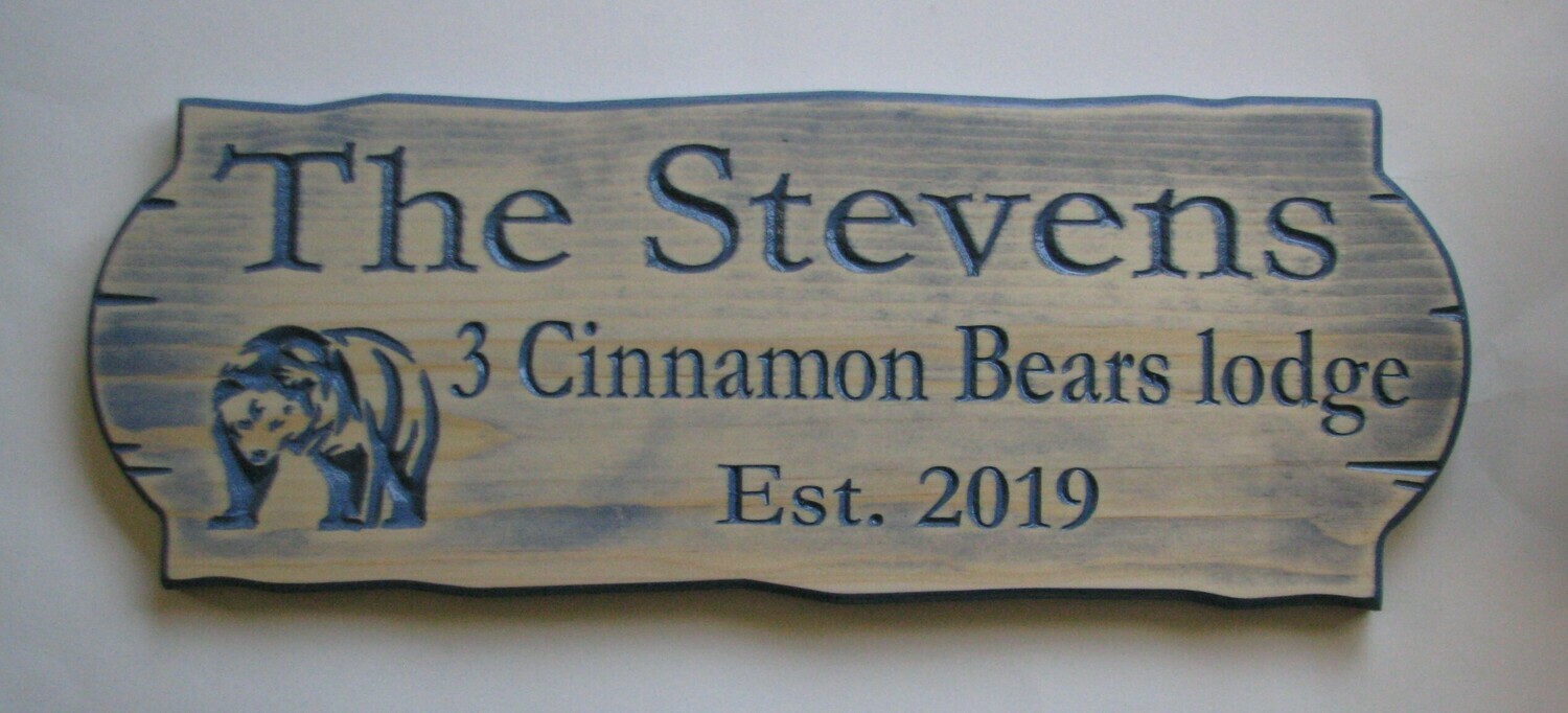 Personalized Rustic Stained Distressed Look Outdoor Wood Sign with Carved Bear