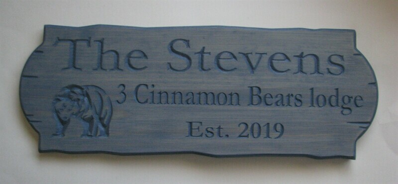 Personalized Rustic Stained Outdoor Wood Sign with Carved Bear