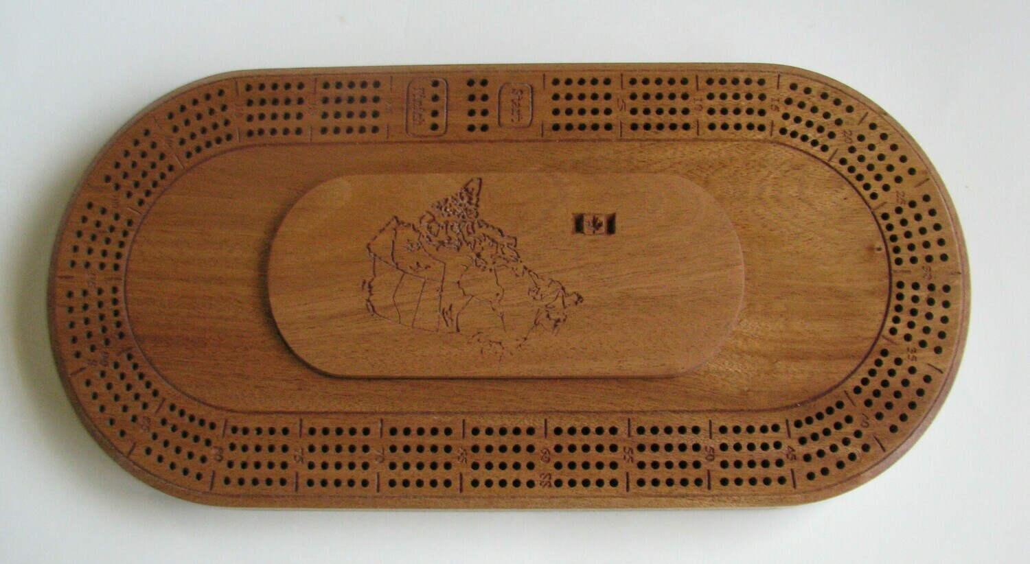 Oval African Mahogany (Sapele)  Wood 4 Track Cribbage Board with Map of Canada