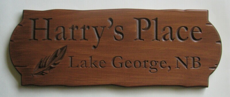 Personalized Rustic Stained Outdoor Wood Sign with Carved Feather