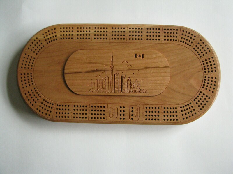 Oval Cherry Wood 4 Track Cribbage Board with Toronto Skyline