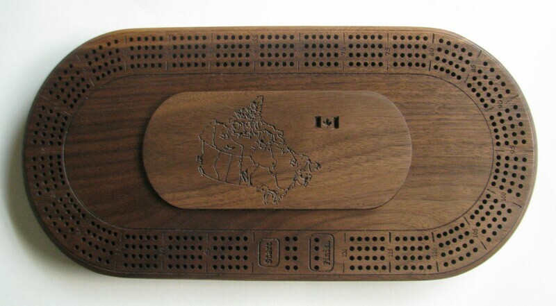 Walnut Wood Oval 4 Track Cribbage Board with Map of Canada