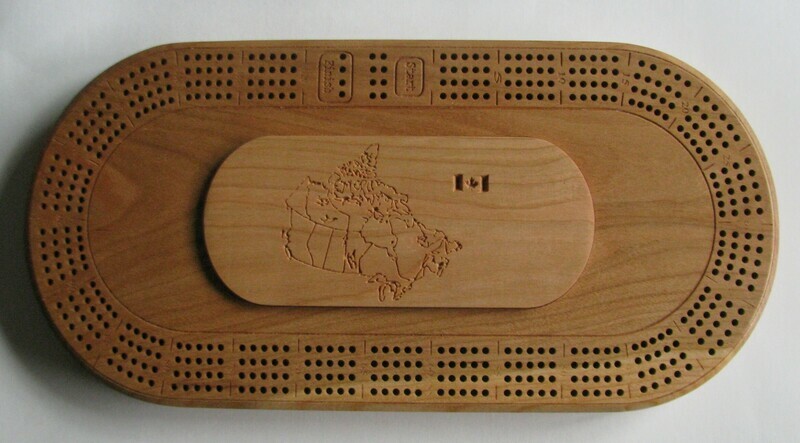 Cherry Wood Oval 4 Track Cribbage Board with Map of Canada