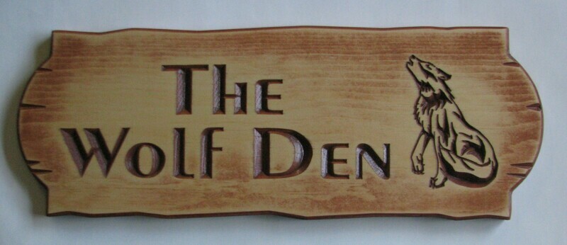 Personalized Rustic Stained Distressed Look Outdoor Wood Sign with Carved Wolf