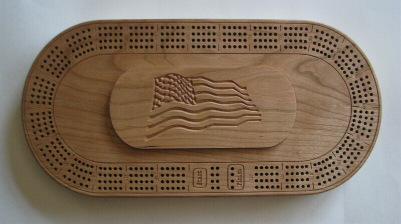 Oval Cherry Wood 4 Track Cribbage Board with American Flag