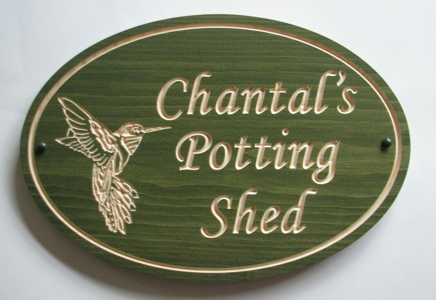 Custom Carved Stained Outdoor Wood Sign with Carved Hummingbird