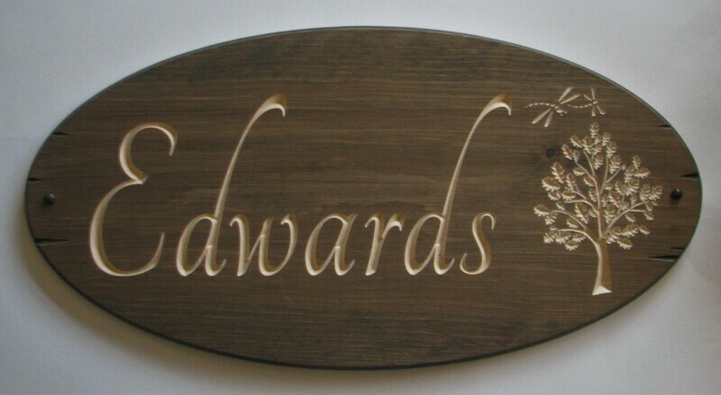 Stained Oval Wood Sign Rustic Family Name Sign with carved Oak Tree and Dragonflies