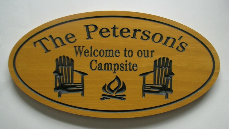 Custom Oval Family Name Sign Camp Sign with Chairs and Fire