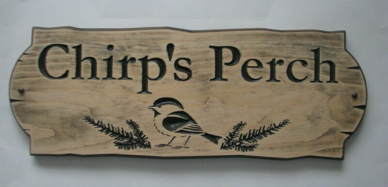 Personalized Rustic Stained Distressed Look Outdoor Wood Sign with Carved Chickadee