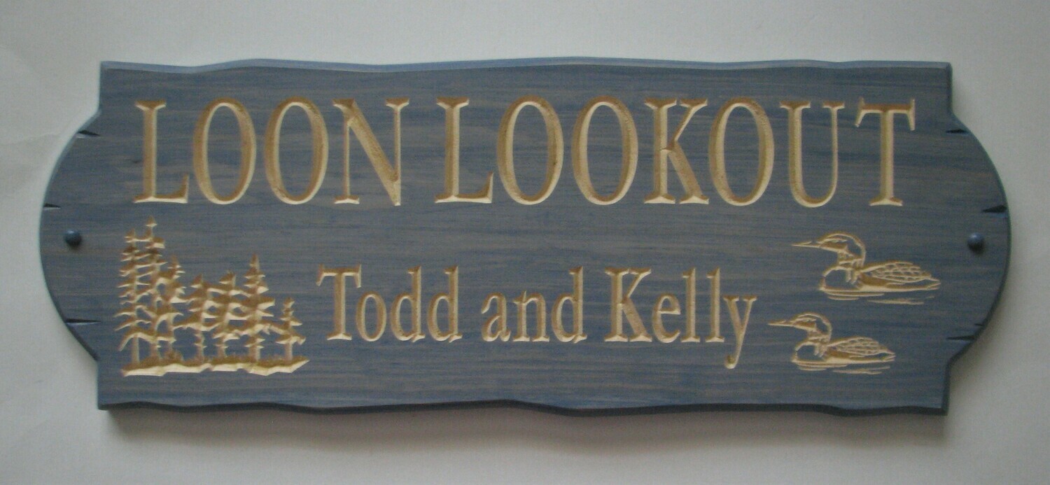 Personalized Rustic Stained Outdoor Wood Sign with Carved Trees and Loons
