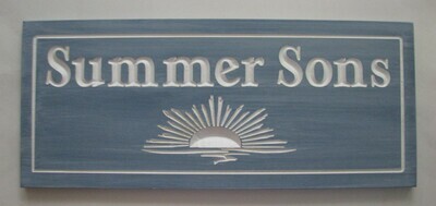 Weather Resistant Custom Exterior Blue Whitewashed Cottage Sign Camp Sign with Carved Sun