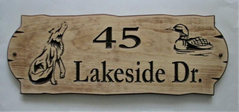 Personalized Rustic Stained Distressed Look Outdoor Wood Sign with Carved Wolf and Loon