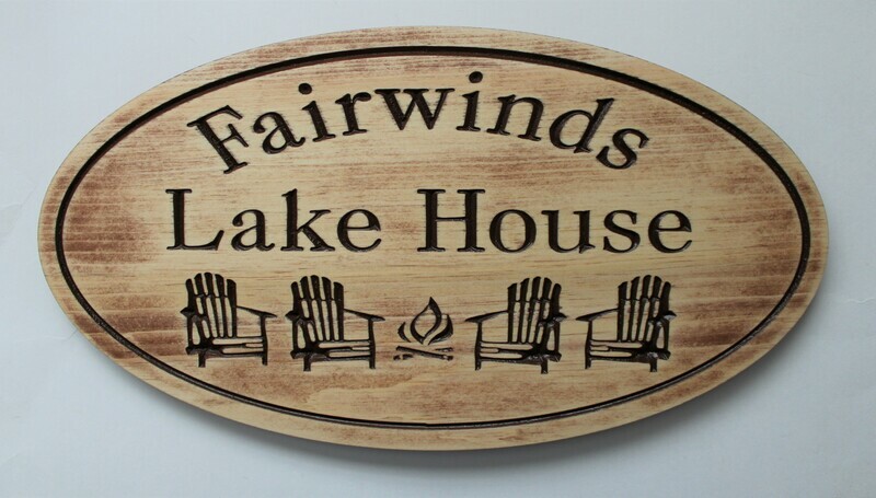 Custom Rustic Oval Aged Look Family Name Sign Cottage Sign with 4 Carved Chairs & Firepit