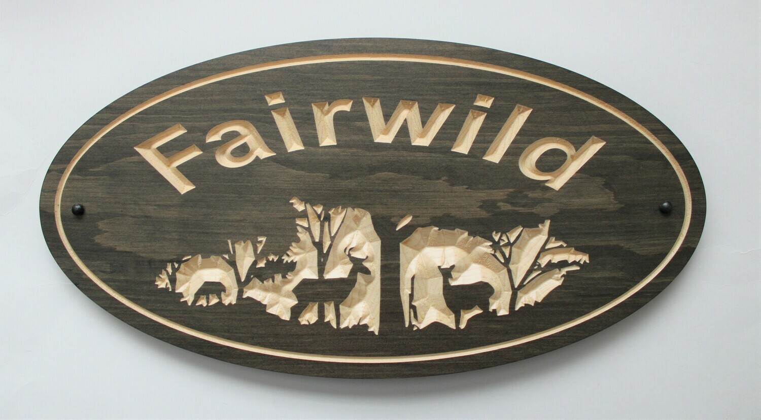 Custom Oval Family Name Sign Wood House Sign Cottage Sign Camp Sign with Carved Forest Scene
