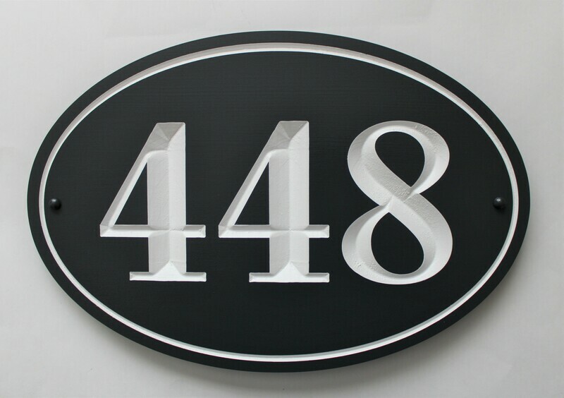 Custom Oval Address Sign - House Number Painted With White Carving - Weather Resistant solid 3/4 inch thick PVC.