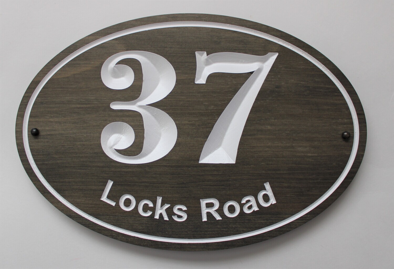 Oval House Number & Address Sign - Slate Black Stained Wooden Address Sign - House Number Address Plaque