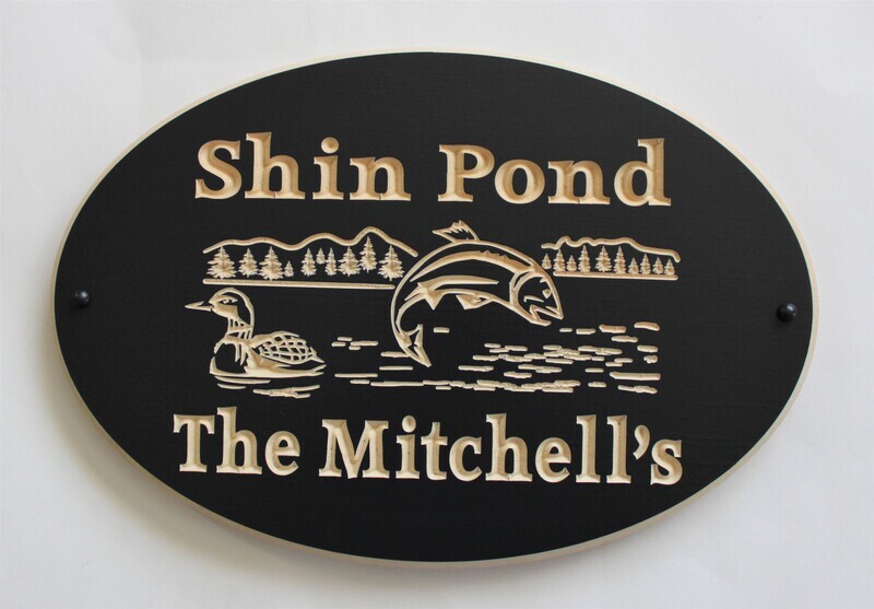 Custom Exterior Wood Oval Cottage Sign with Carved Lake Scene with Fish & Loon