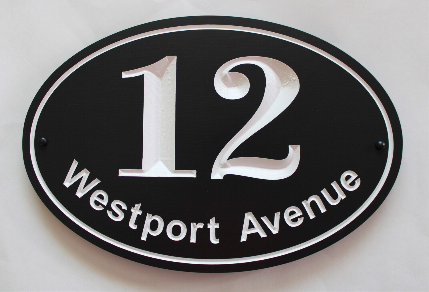 Custom Oval Address Sign - House Number Sign Painted With White Carving - Weather Resistant solid 3/4 inch thick PVC.