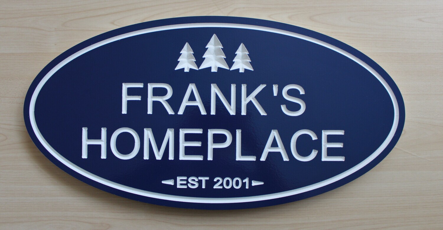 Custom Oval PVC  Cottage Sign Family Name Sign with Carved Trees- Weather resistant.
