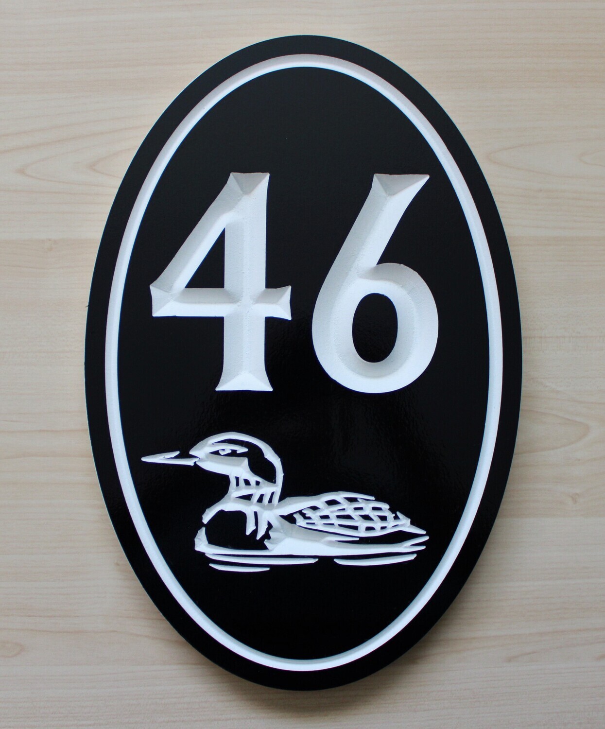 Custom Oval PVC 2 Digit House Number Sign With Carved Loon Graphic- Weather Resistant