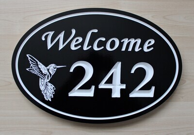 Custom Carved Oval PVC Welcome Sign with House Number and carved Hummingbird Graphic- Weather Resistant