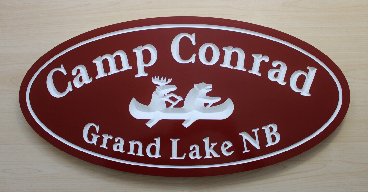 Custom Carved Oval PVC Cottage Sign Family Name Sign with Carved Bear and Moose in Canoe - Weather resistant.