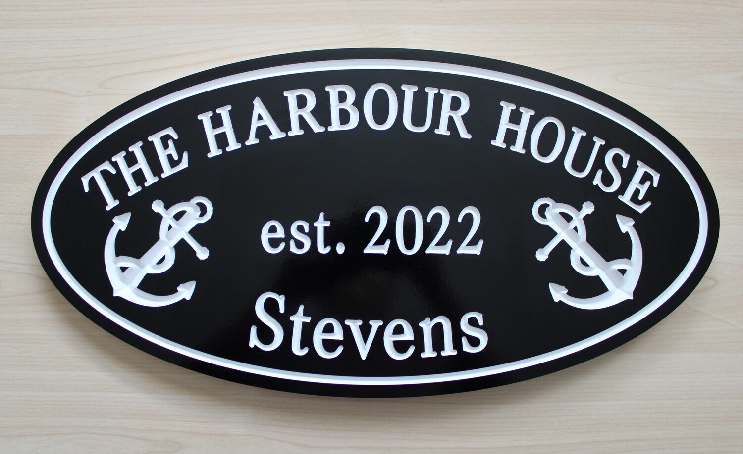 Custom Carved Oval PVC Cottage Sign Family Name Sign with Carved Anchors - Weather resistant.