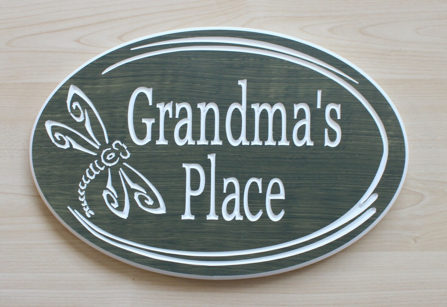 Custom weather resistant solid ¾ thick PVC Cottage Sign |Guest House Sign | Stained Wood Look | White  Carved Dragon Fly and Text Carving.