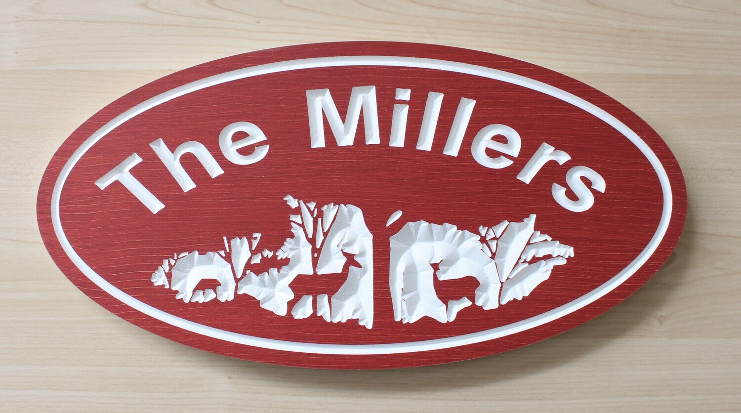 Custom Oval PVC  stained wood effect Cottage Sign with Deer Scene carved graphics - Weather resistant.