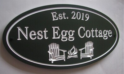 Weather Resistant 3/4 inch thick solid PVC Custom Carved Oval Family Cottage Sign - Camp Sign with 2 Adirondak chairs and fire pit.