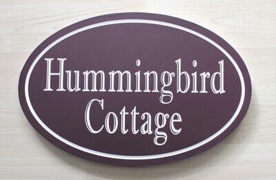 Weather Resistant Custom Exterior Oval Cottage Sign Painted with White Carved Graphics and Imprint MT Shadow Text - Solid 3/4 inch thick PVC