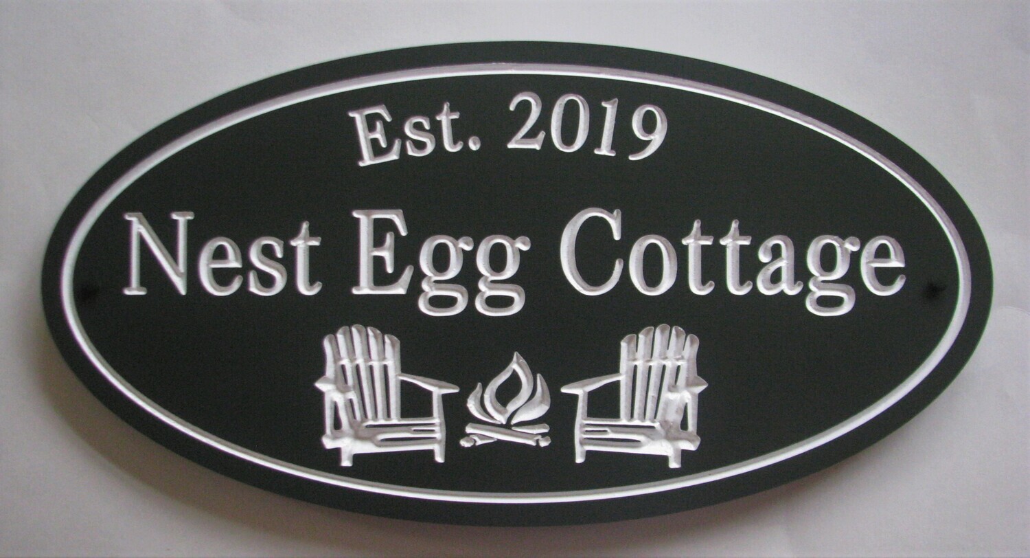 Custom Oval PVC Family Name Sign House Sign Cottage Sign Camp Sign with Carved Chairs and Fire - White Carving