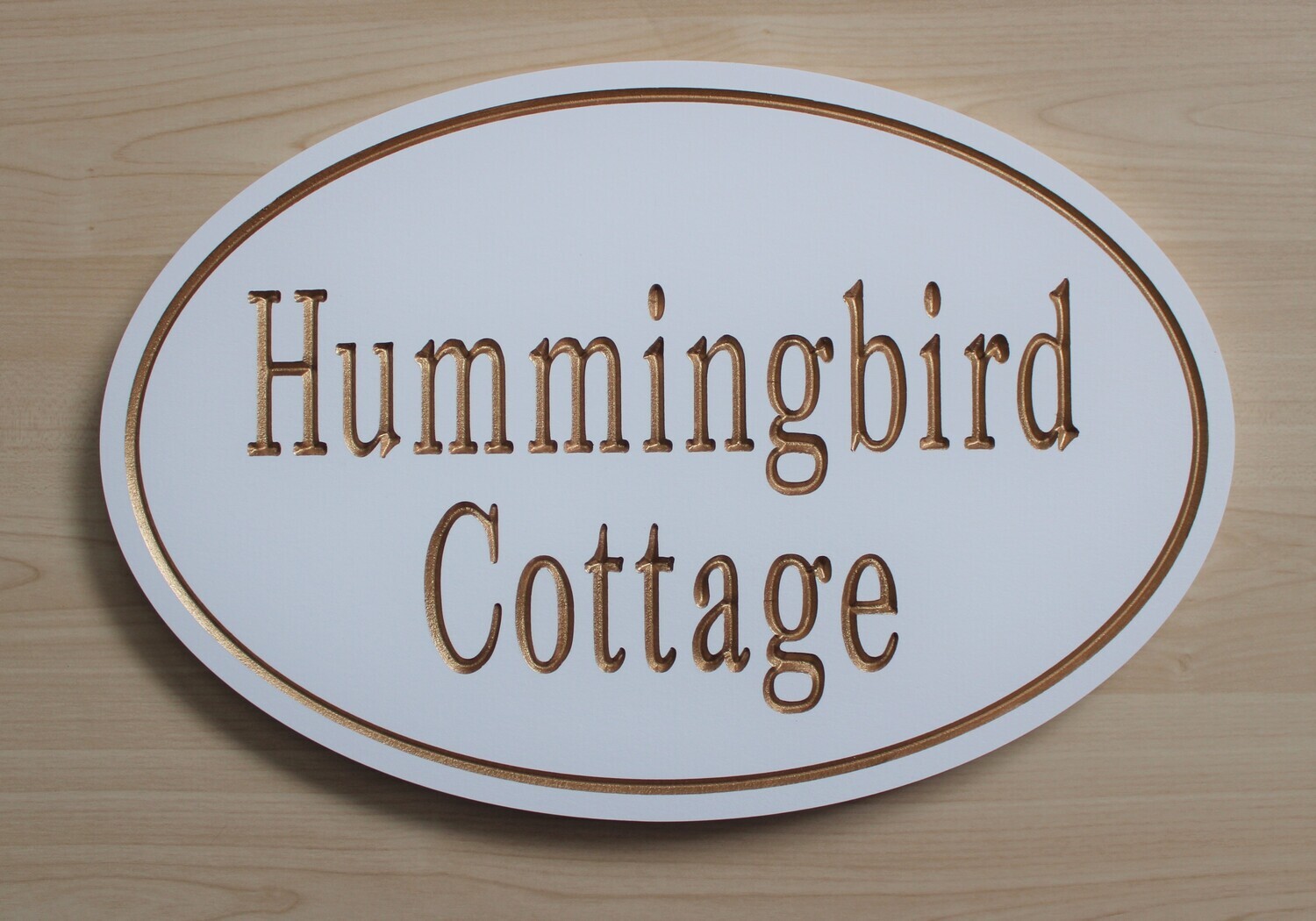 Custom White Oval House  Sign - Cottage Sign  With Painted Carving - Weather Resistant solid 3/4 inch thick PVC.