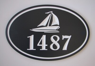 Oval House Number Sign with Carved Sailboat - House Number Sign Painted With White Carving - Weather Resistant solid 3/4 inch thick PVC.
