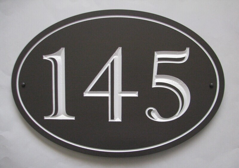 Custom Oval House Number Sign Painted With White Carving - Weather Resistant solid 3/4 inch thick PVC.