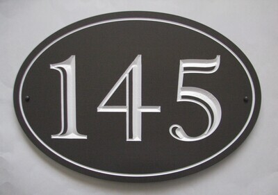 Oval House Number Sign Painted With White Carving - Weather Resistant solid 3/4 inch thick PVC.