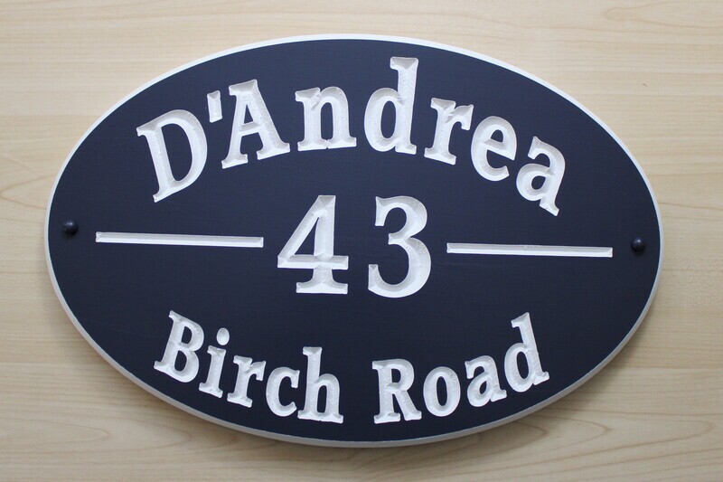 Custom Oval House Number Sign Address Sign Family Name Sign Painted With White Carving - Weather Resistant solid 3/4 inch thick PVC.
